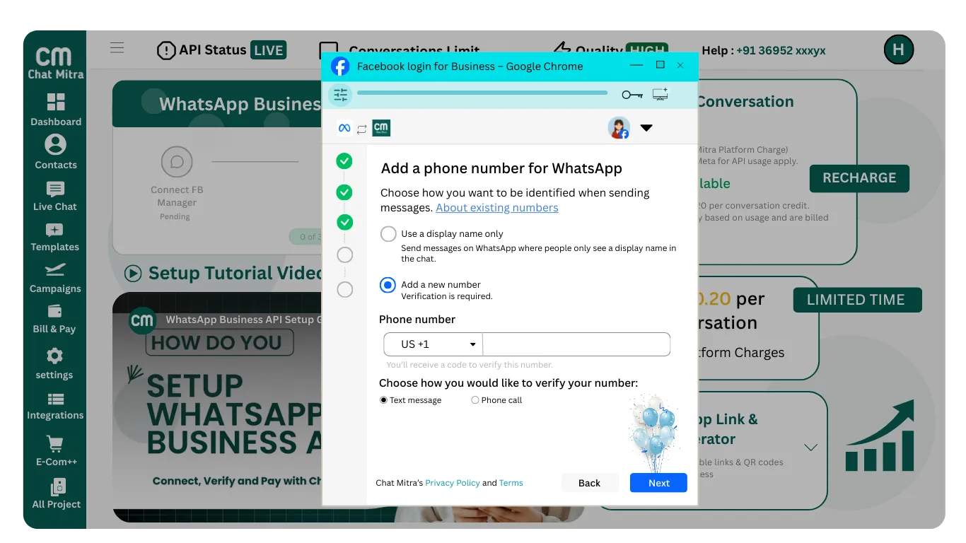 Add new WhatsApp number screen