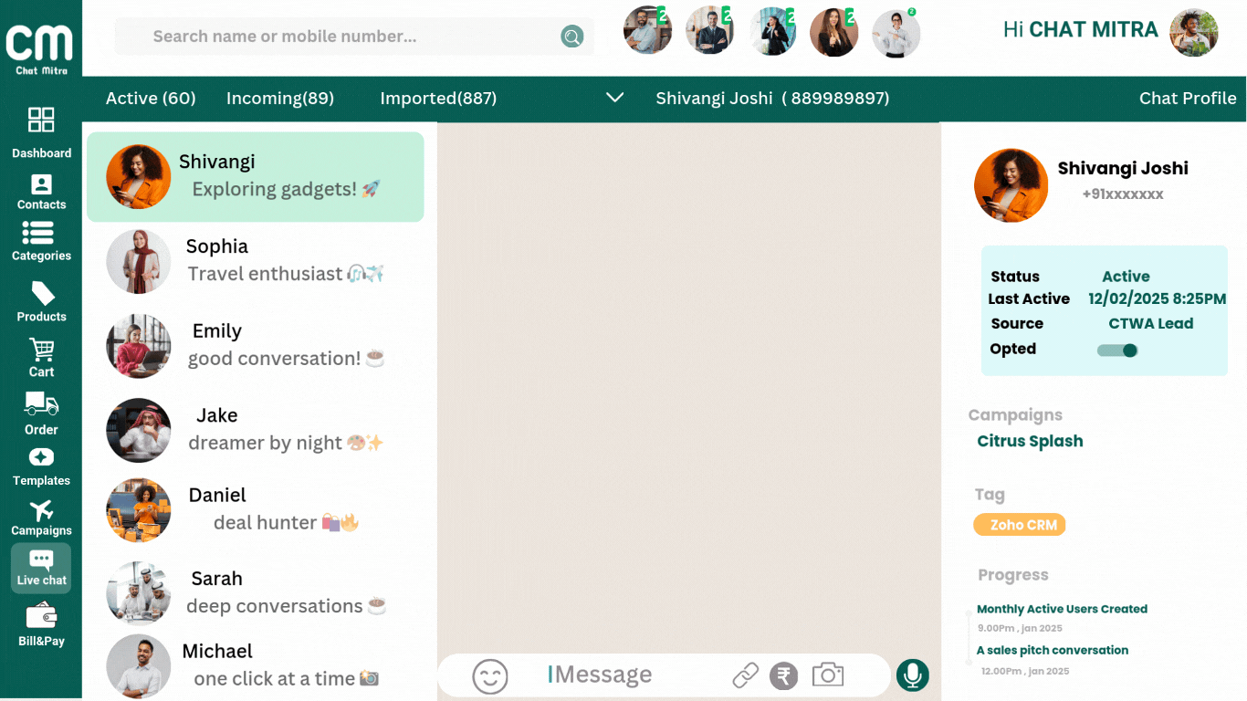 WhatsApp Webview live chat demonstration showing order history and customer context