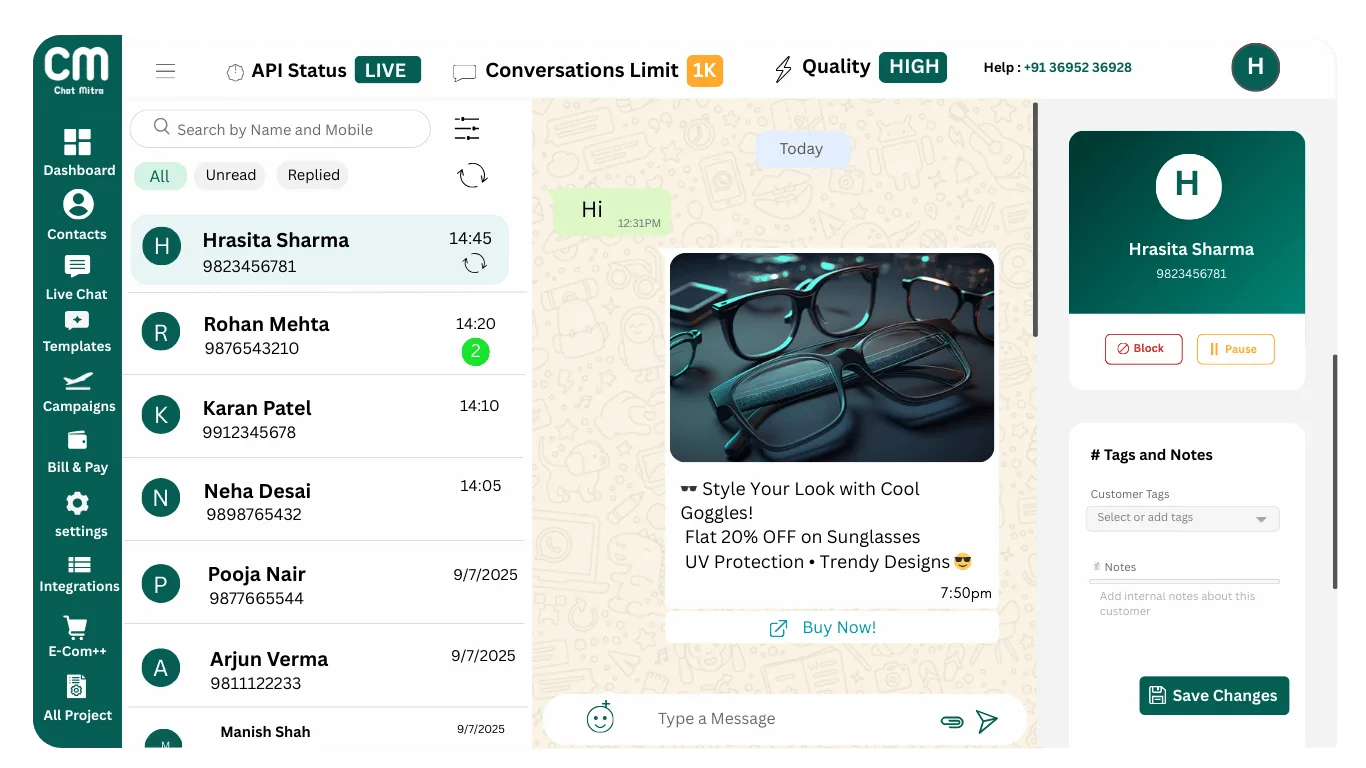WhatsApp Live Chat Interface with Chat Mitra