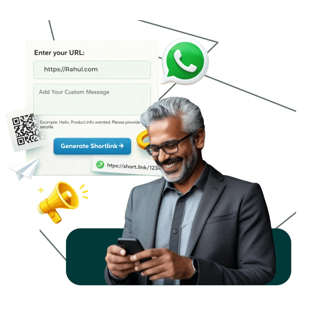 WhatsApp QR Code Generator preview showing realistic phone interface with QR code