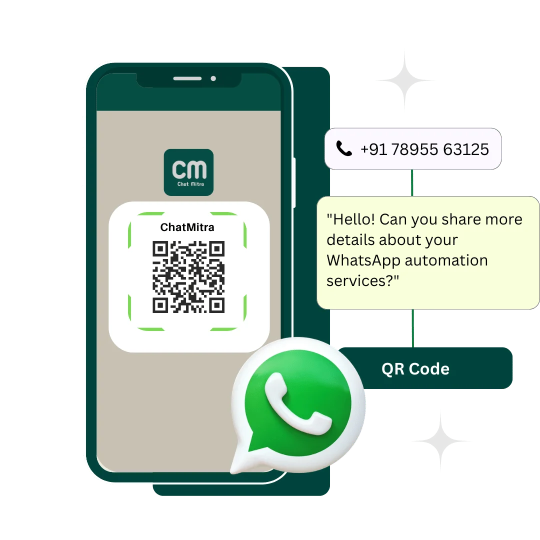 WhatsApp QR Code Generator preview showing realistic phone interface with QR code
